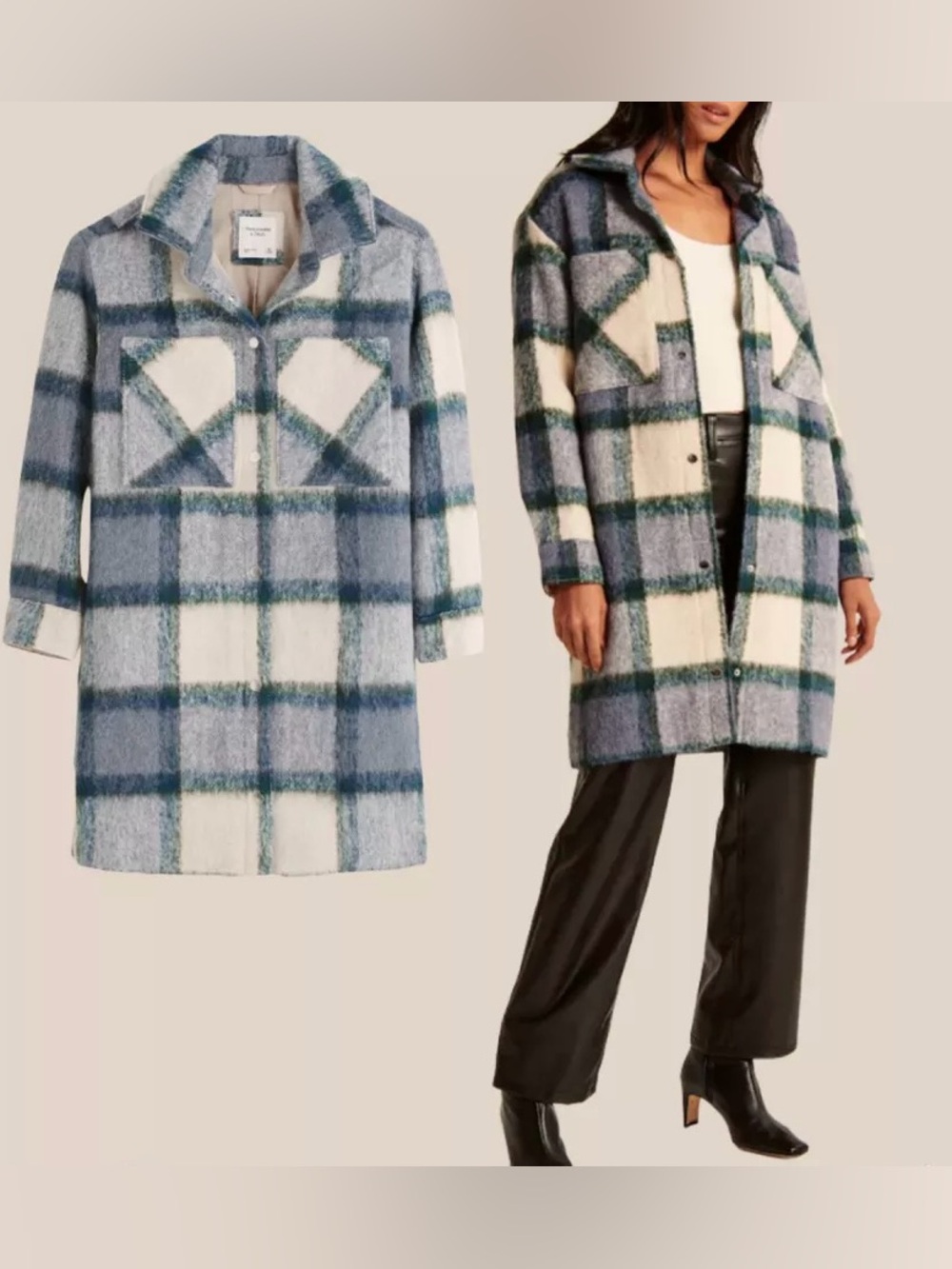 Abercrombie & Fitch Long-Length Wool Blend Shirt Jacket in Blue Plaid